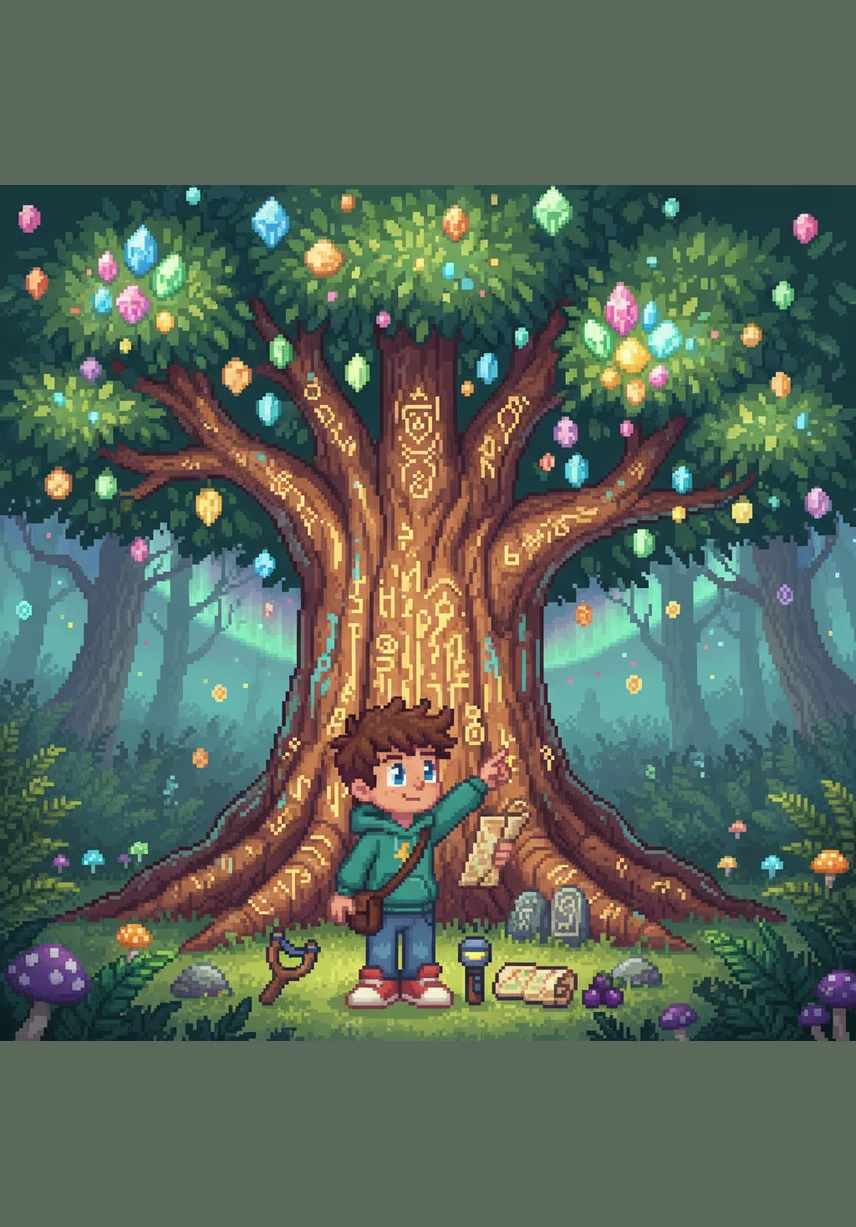 Leo looks up at a tall, leafy tree and finds a bunch of yellow bananas hanging high. They curve like golden smiles against the backdrop of the clear sky.