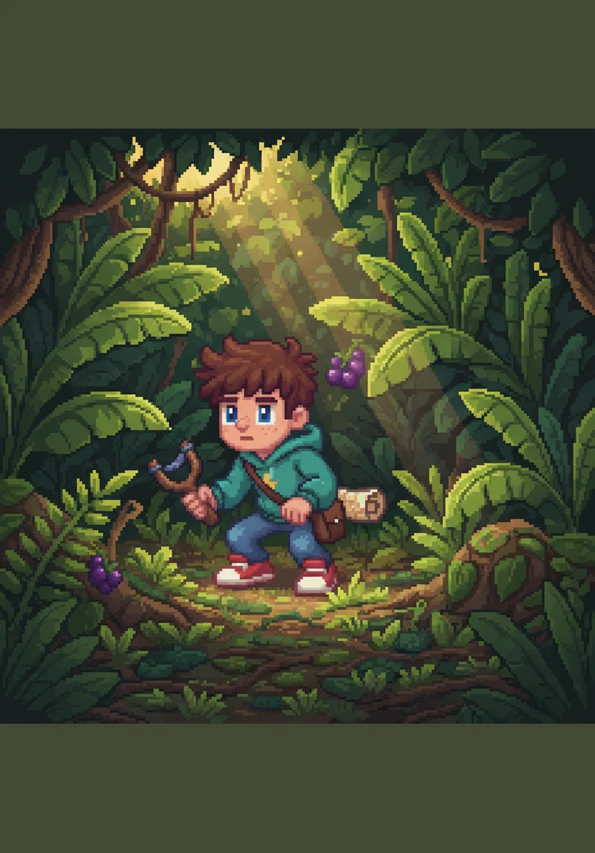 Deep within the thick foliage, Leo discovers a smooth mango tucked away. This one is a lush, vibrant green that matches the dancing leaves around it.