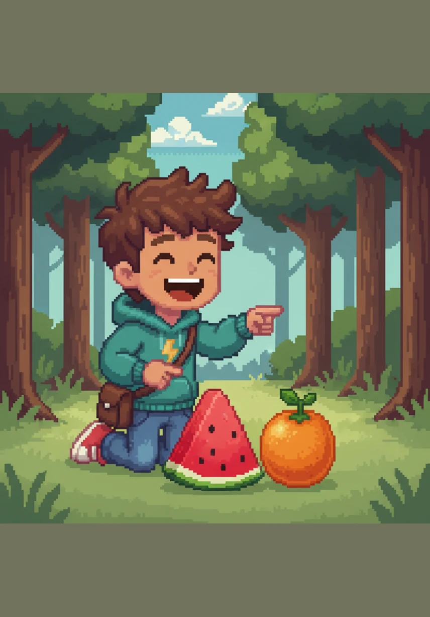 Right next to the watermelon sits a perfectly round orange fruit. Leo laughs as he realizes that the fruit and the color have the exact same name.