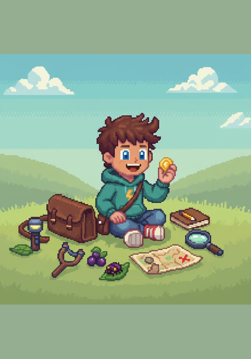 Leo sits on the soft grass, surrounded by all the colorful things he found today. He looks at you with a big, friendly smile and asks what your favorite color is.