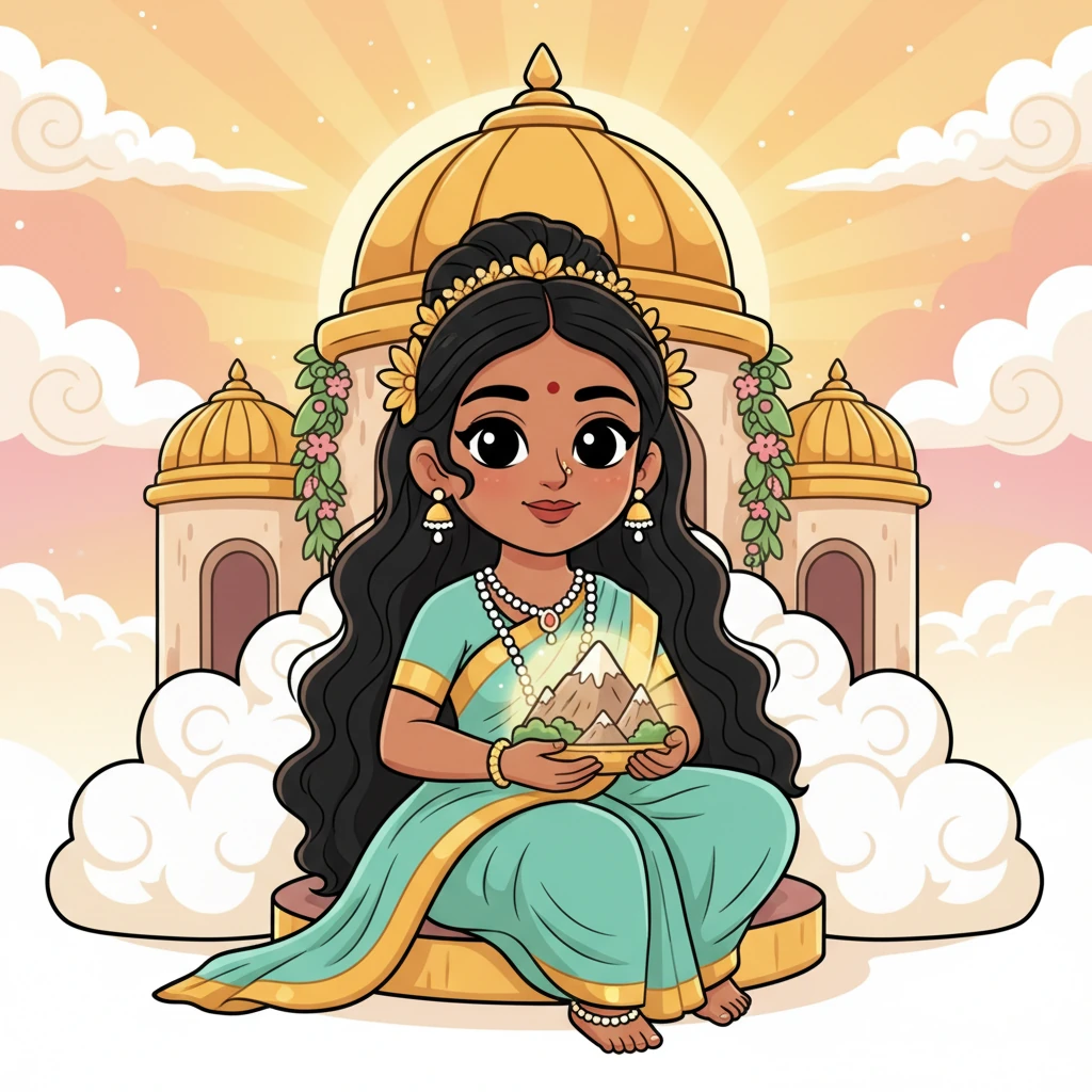 High on Mount Kailash, under a sky painted with golden hues, Goddess Parvati sat in her beautiful palace. Her kind face glowed with peace and a warm, loving smile. The air around her felt gentle and divine, a perfect sanctuary.