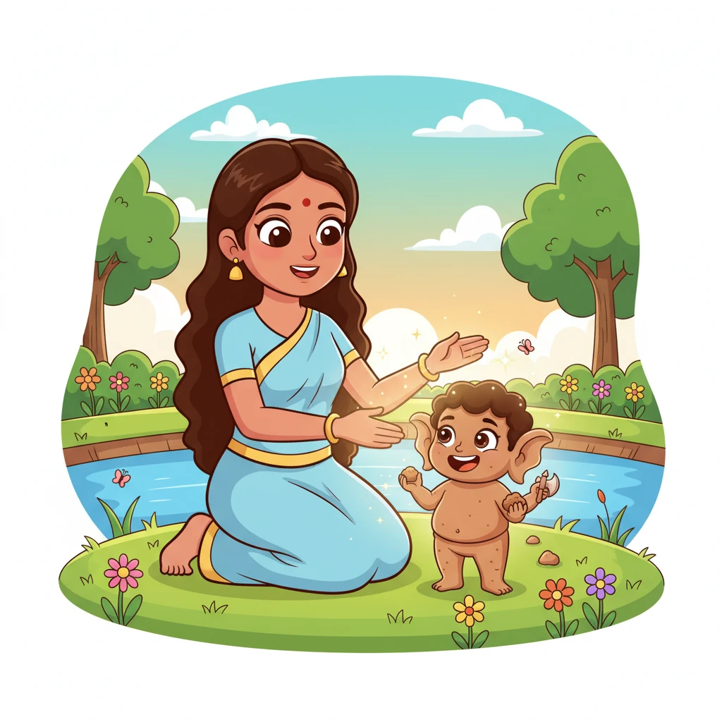 With a heart full of love, Parvati began to shape a small boy from clay, her hands shimmering with soft, magical light. As she put the finishing touches, the clay boy blinked to life with a cheerful grin. It was a tender and truly magical moment.