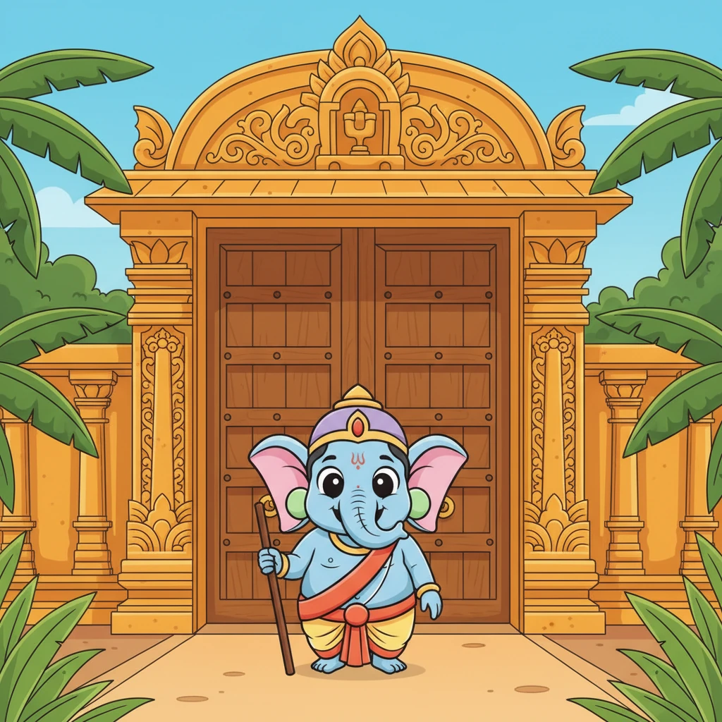 Parvati asked her new son to guard the palace door while she bathed, and the boy stood tall and proud, holding a tiny staff. He nodded with serious devotion, ready to protect his mother with all his heart. He was a loyal guardian.
