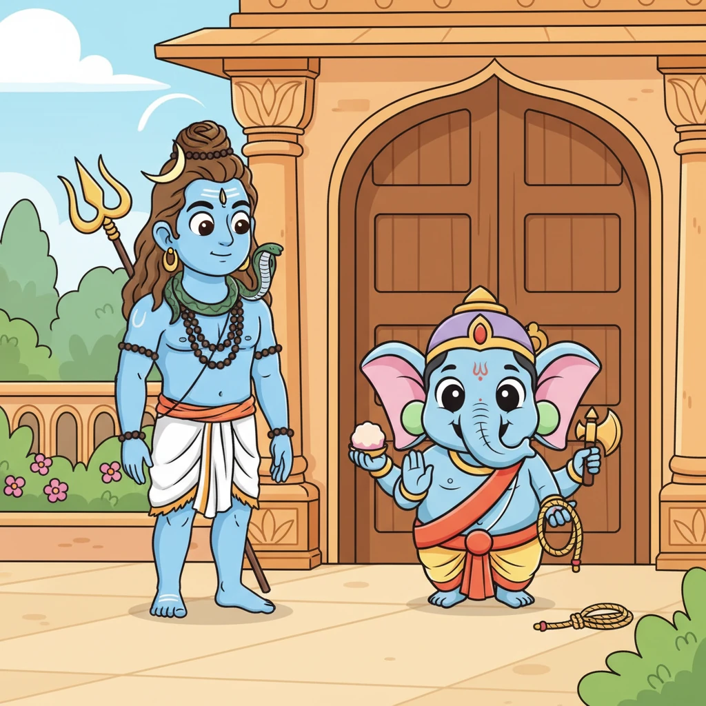 Lord Shiva, Parvati's husband, returned home, a powerful and calm presence. He approached the palace door, curious to enter. The clay boy, brave and polite, raised a small hand and said "Stop," preventing Shiva from passing through.