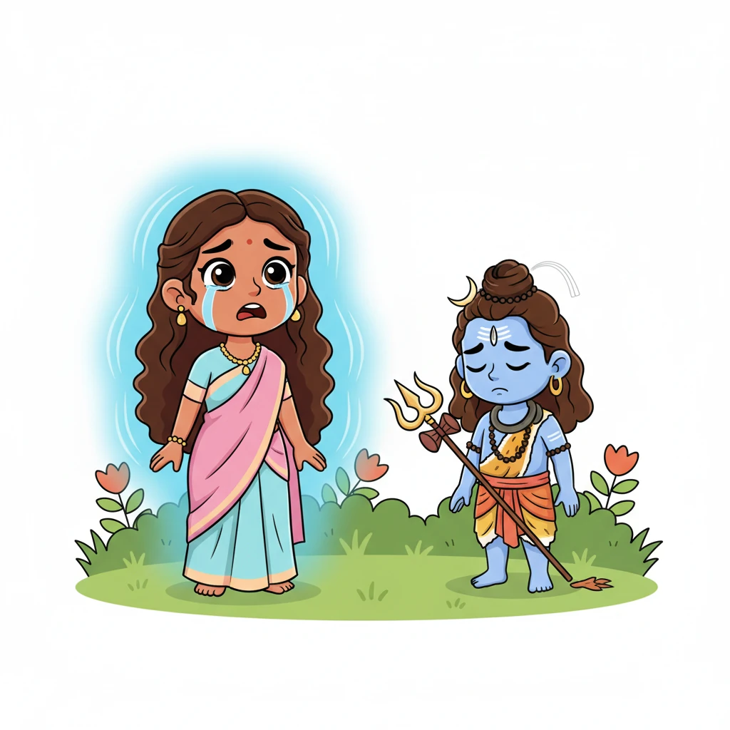 Parvati soon discovered her son was gone and her heart broke, tears glistening in her eyes as a soft blue light surrounded her. Shiva stood nearby, head bowed in sorrow, filled with deep regret for his unintended action.