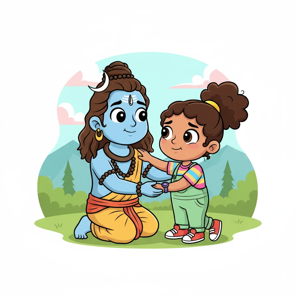 Shiva gently comforted Parvati, his powerful presence now filled with tenderness. He promised to bring her beloved son back to life, assuring her that he would fix everything. Hope began to bloom amidst their sadness.