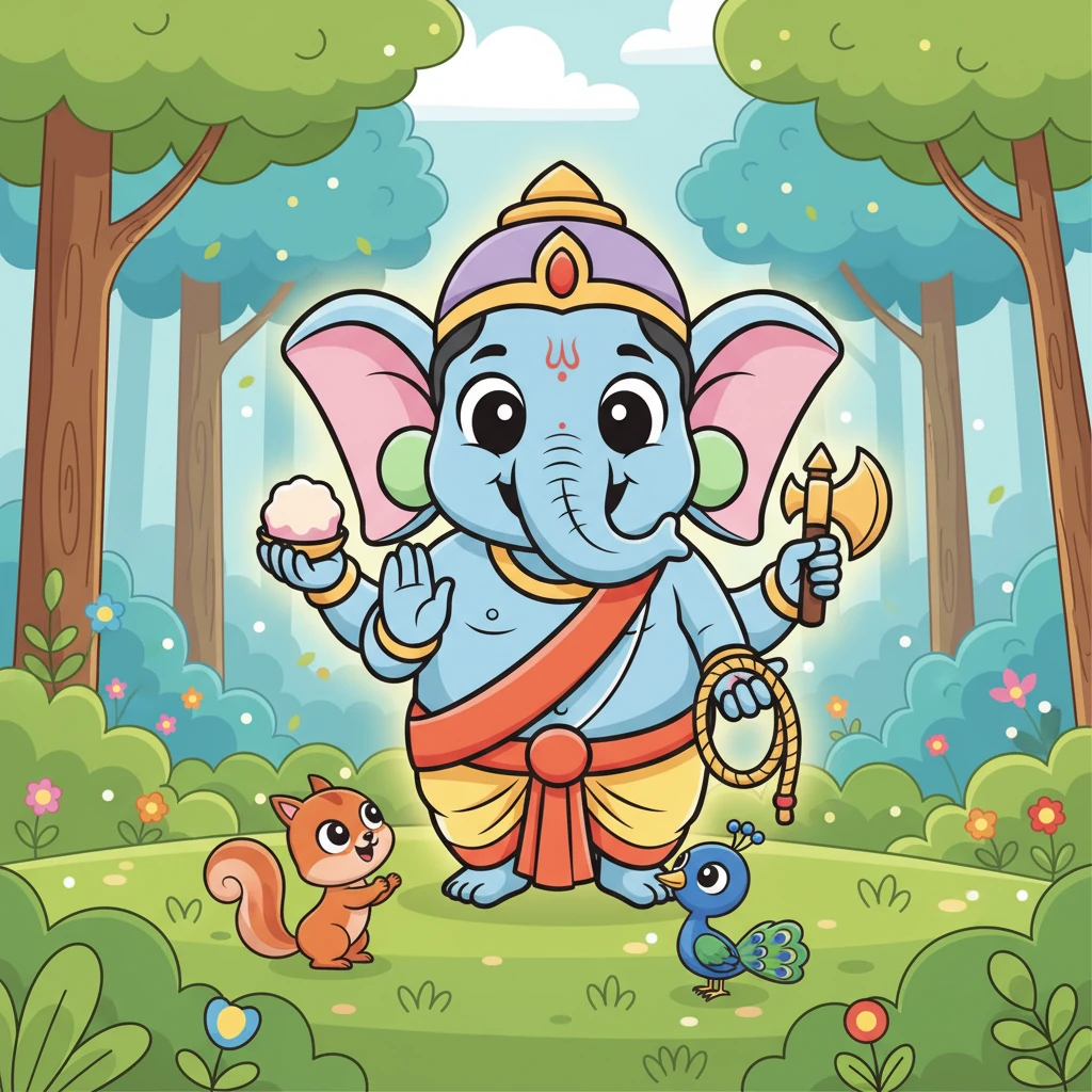 In a peaceful, lush forest, Shiva's helpers met a magnificent, gentle elephant, whose presence glowed with divine approval. This noble creature, symbolizing wisdom and strength, was chosen for a very special purpose.