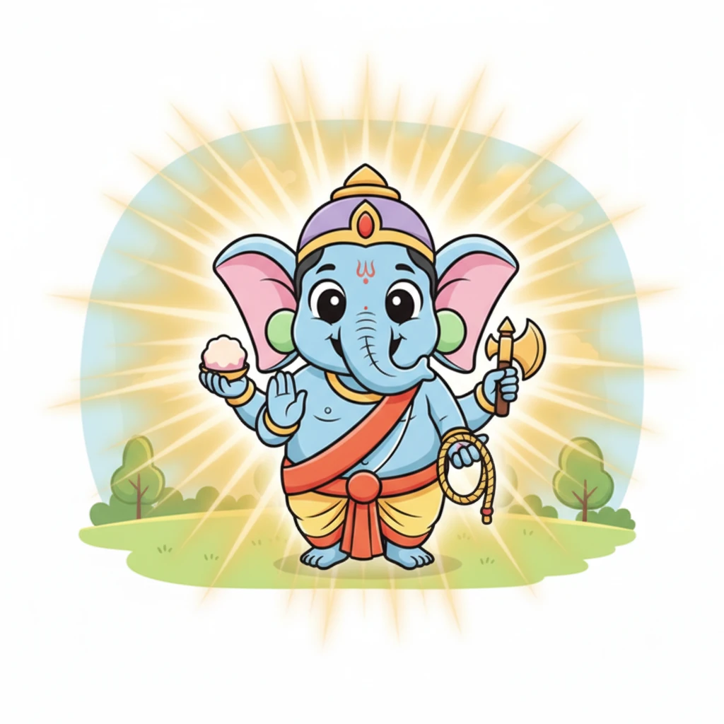 With a burst of golden divine light, the gentle elephant's head was magically placed upon the boy's body. The boy awakened, no longer just clay, but Lord Ganesha, smiling warmly with wonder and newfound wisdom.