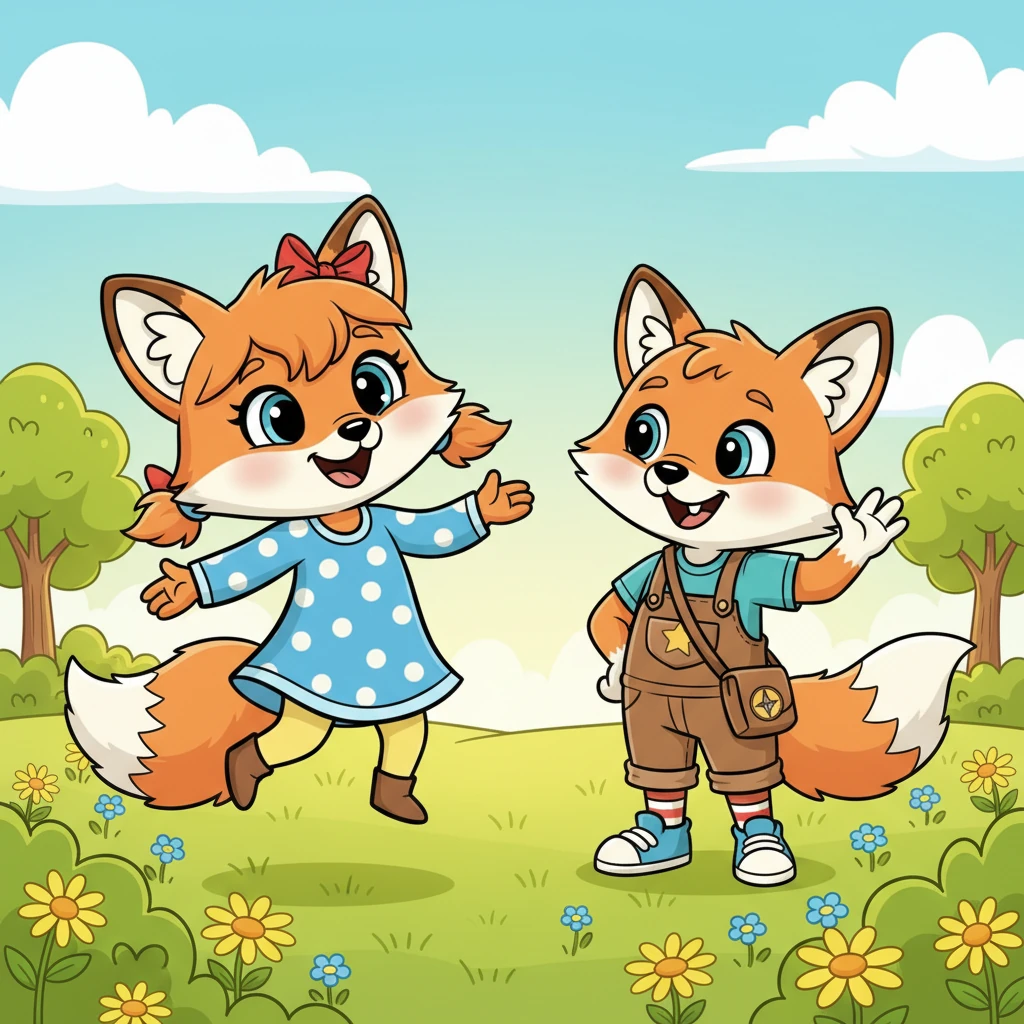 The morning sun painted the meadow in cheerful shades of yellow and green, where two lively fox kits, Flicker and Rusty, were ready for fun. Flicker, with her bright orange fur and fluffy tail, bounced with excitement next to her friend Rusty, whose ears twitched playfully.