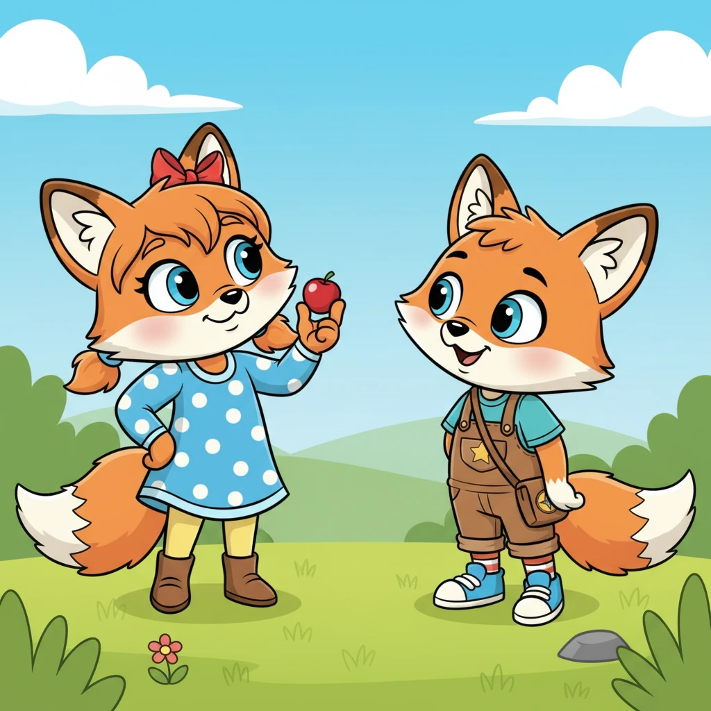 Flicker held up a plump, juicy red berry, her eyes sparkling with mischief. She looked at Rusty, who watched the berry with great interest, wondering what game they would play next. A playful challenge was clearly brewing in Flicker's clever mind.