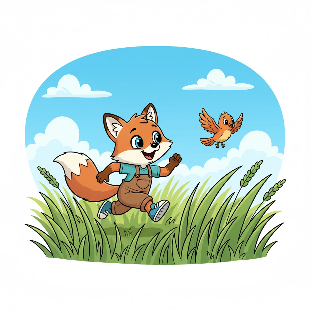 Rusty let out a joyful bark and immediately sprang into action, chasing after Flicker through the tall, swaying grass. His little paws thumped softly as he tried to keep up, his tail wagging furiously with pure delight.