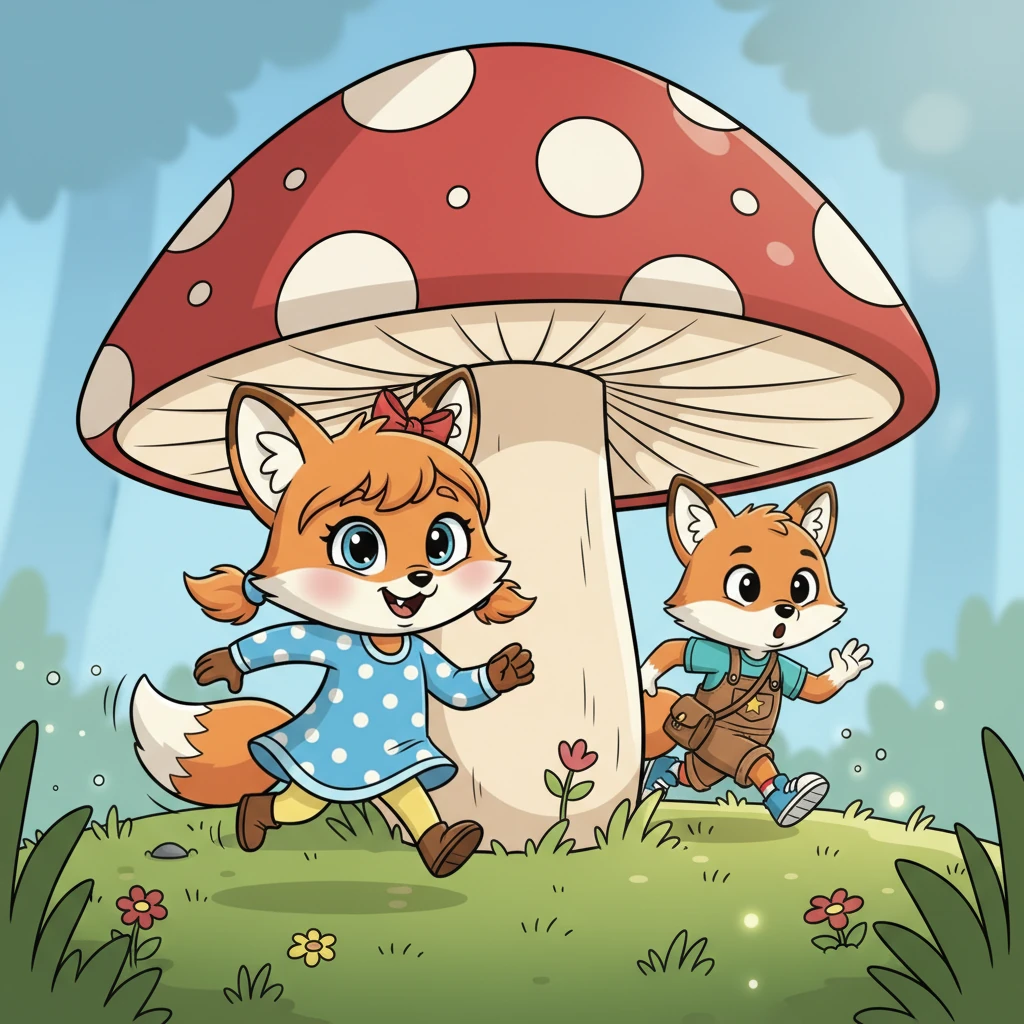 Flicker dashed around a giant, polka-dotted mushroom, her small legs moving like blurs. She glanced back over her shoulder, a cheeky smile on her face, making sure Rusty was still hot on her trail.
