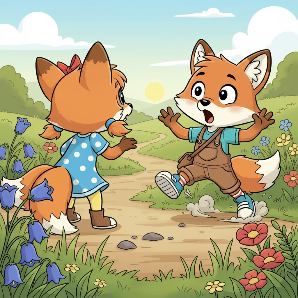 Suddenly, Flicker stopped short behind a patch of bright bluebells, turning to face Rusty with a surprising quickness. Rusty, caught off guard, skidded to a halt, his eyes wide with surprise.