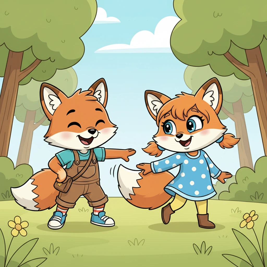 With a gentle tap of his paw, Rusty reached out and lightly touched Flicker's fluffy tail, proclaiming triumphantly, "Gotcha! You're IT!" A wave of happy relief washed over Flicker's face.