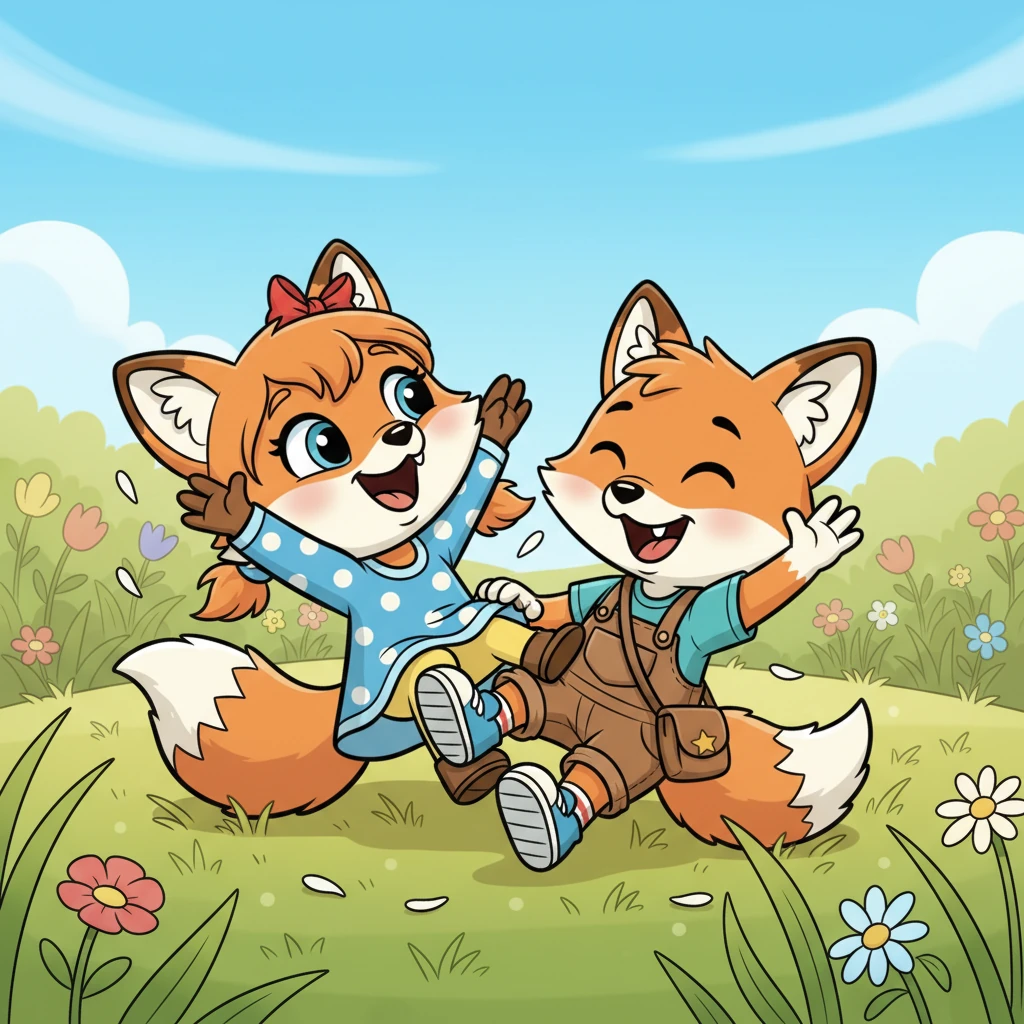 Both fox kits tumbled into a heap of giggles, rolling playfully in the soft, dew-kissed grass. Their laughter echoed through the meadow, a sweet sound of pure joy and friendship.