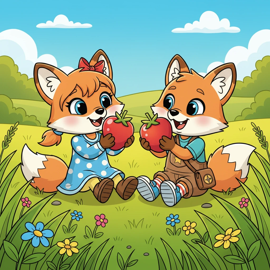 After their exciting game, Flicker and Rusty sat side-by-side, sharing the delicious red berry. They munched happily, content and full of warmth, ready for more adventures in the sunny meadow.