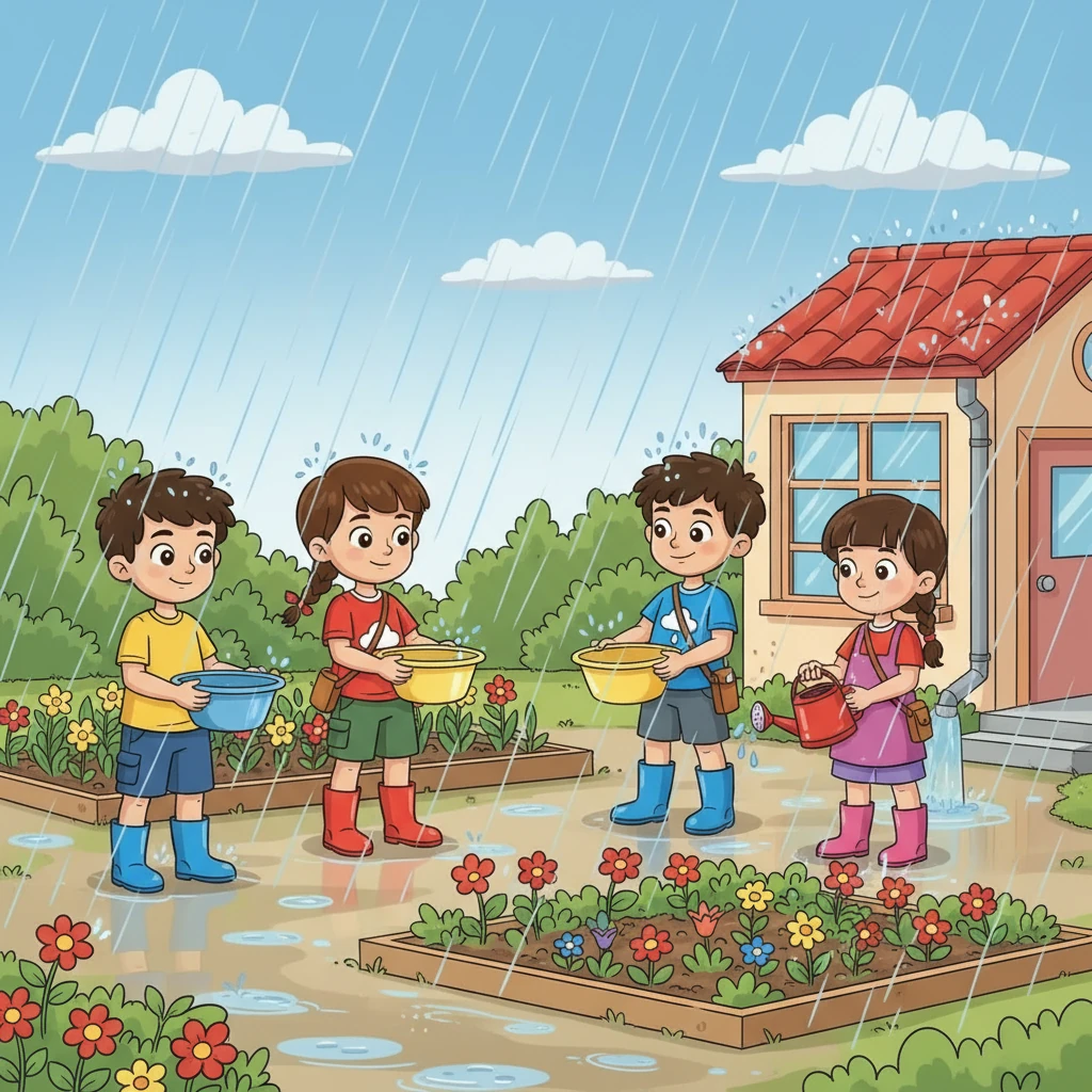 Deniz ve arkadaşları, okulun çiçeklerini kurtarmak için bir çözüm bulmaya karar verdiler. Yağmur yağdığında yağmur suyunu toplamaya karar verdiler. Ellerine kova ve kaplar aldılar.