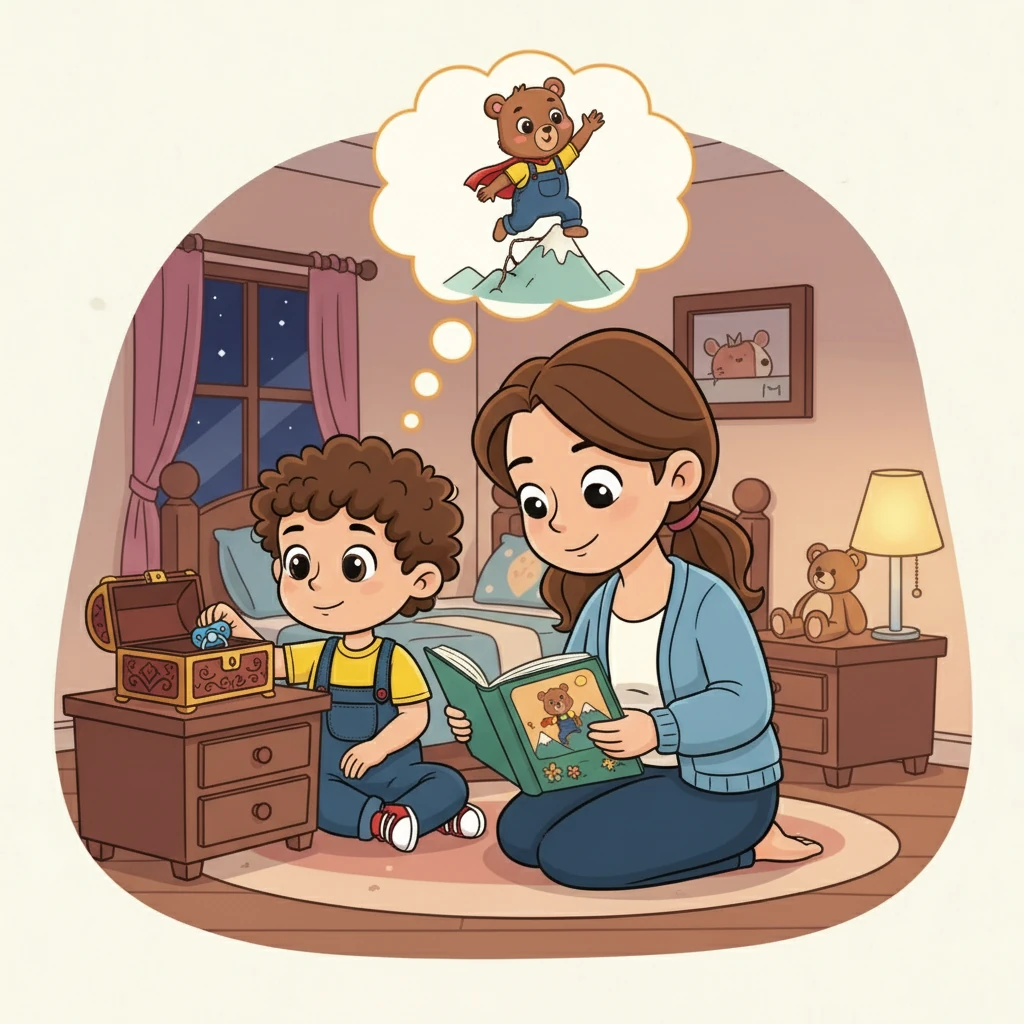 Back home, Rafael's mom read him a story about a brave little bear who learned to be independent. Rafael listened intently, imagining himself as that brave bear. That night, Rafael put his pacifier in a special box.