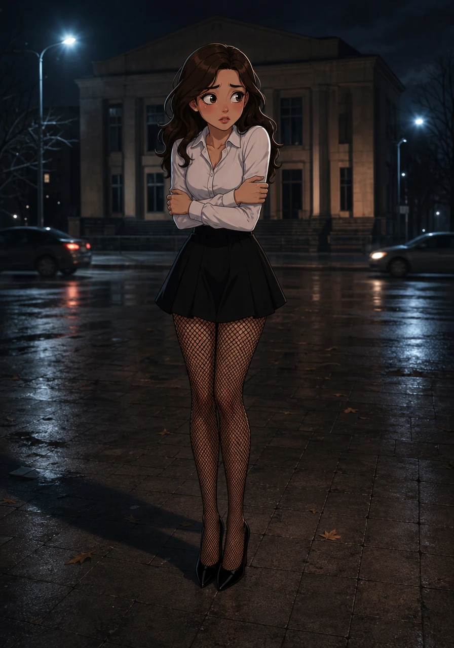 The concrete square in front of the local House of Culture was dimly lit, cast in the eerie glow of flickering streetlights. Liza stood shivering slightly, her eyes scanning the passing traffic with a mixture of dread and anticipation.
