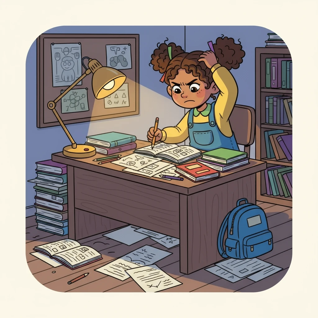 Inside Amy's room, books and notes are scattered everywhere. She sits at her desk, looking stressed as she studies for an upcoming test. The glow of her desk lamp illuminates her determined face.