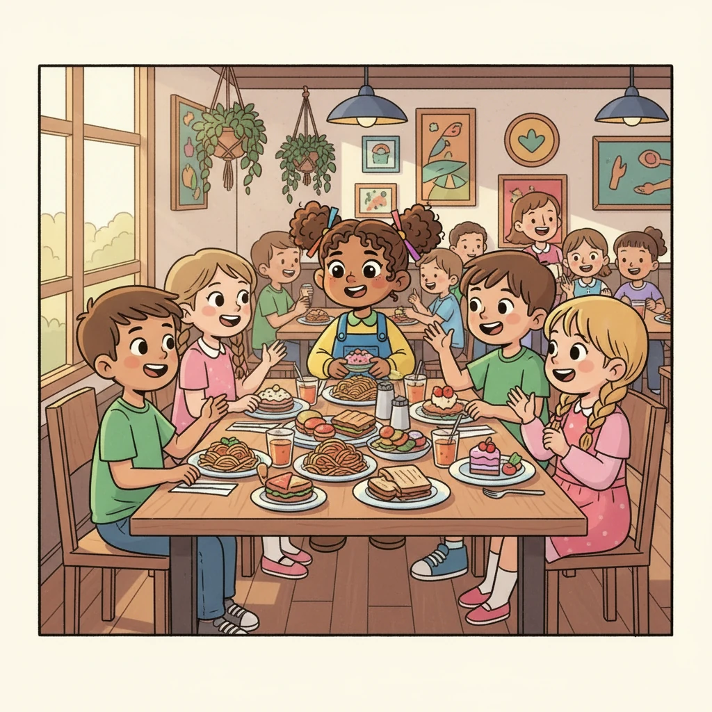 At a bustling restaurant, Amy, Stuart, Sara, and other friends laugh and chat around a table laden with food. The atmosphere is lively, filled with the aroma of delicious dishes and the sound of cheerful conversation. Amy, initially reserved, starts to smile and relax.