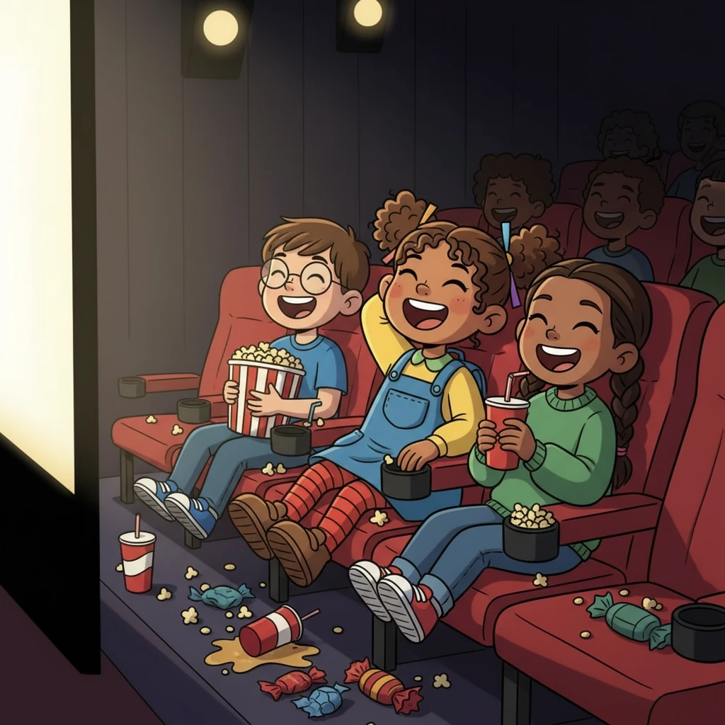 The movie theatre is dark, and the screen flickers with the opening scenes of a comedy film. Amy, nestled between Stuart and Sara, is laughing along with the others. Popcorn and drinks are scattered around.