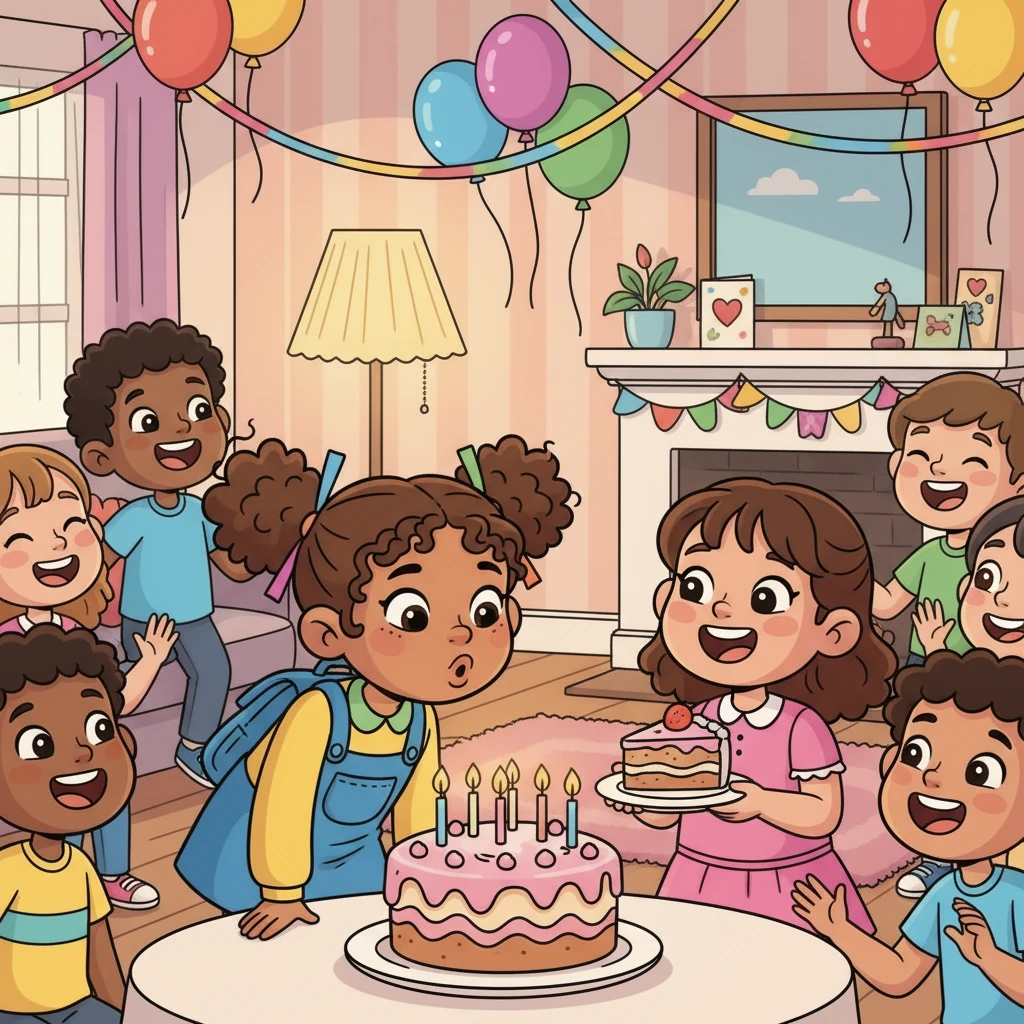 At Sara's birthday party, the friends gather in a cozy living room, decorated with balloons and streamers. Amy, holding a slice of cake, smiles as Sara blows out the candles. The room is filled with warmth and friendship.