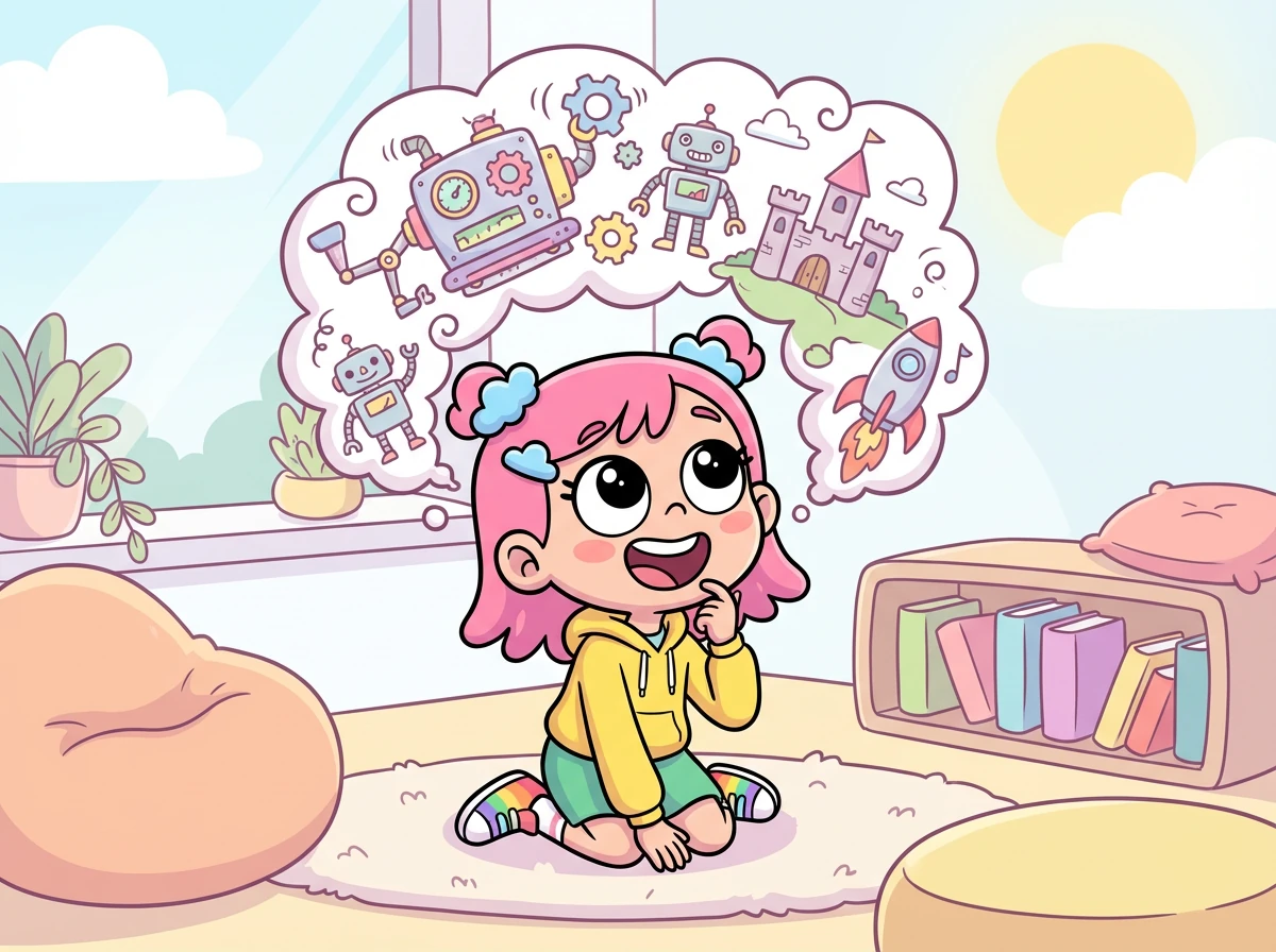 艾米是一个充满好奇心的小女孩，她总是梦想着创造出令人惊叹的东西。有一天，她突发奇想：如果能创造一个可以把想象变成图像的机器，那该多好啊！