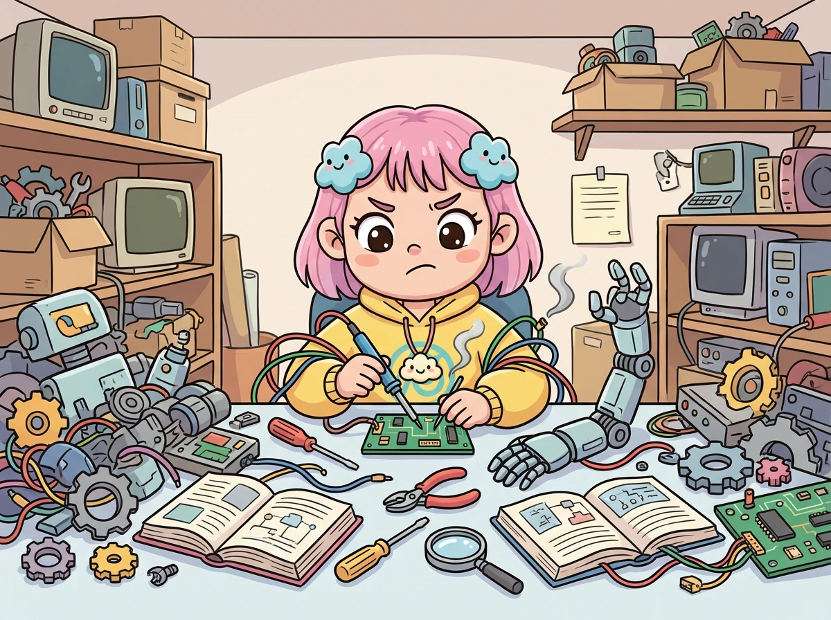 艾米开始在她的秘密实验室里工作，那里堆满了各种零件和工具。她花费了无数个夜晚，研究电路和编码，但进展缓慢。