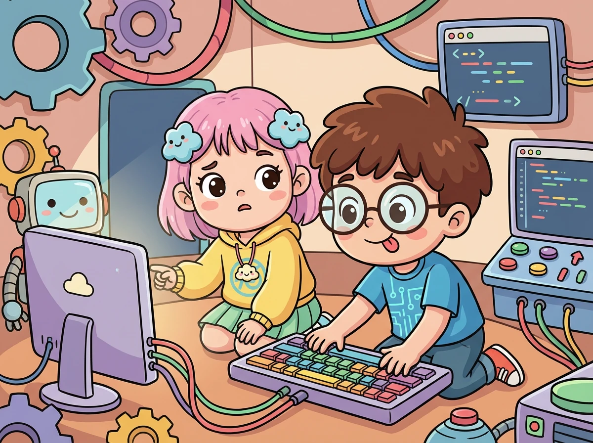 沮丧的艾米决定寻求帮助。她找到了她的好朋友小石头，小石头是一个电脑天才。他们一起努力，克服了许多技术难题。