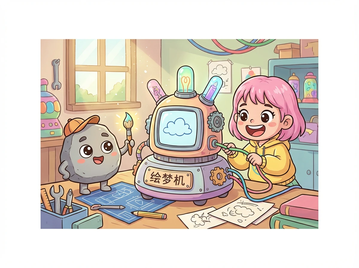 经过几个月的努力，艾米和小石头终于完成了他们的发明。他们给它起名叫“绘梦机”。