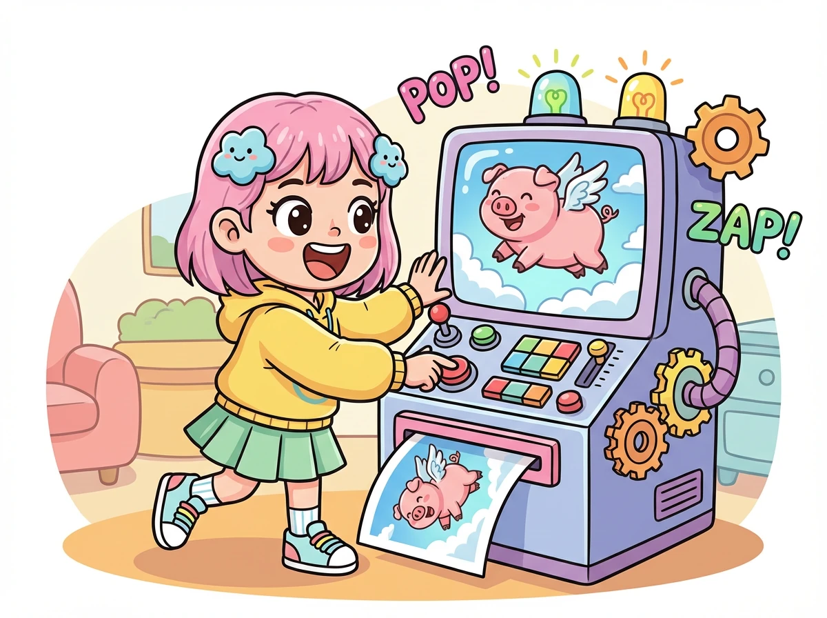 他们迫不及待地测试了绘梦机。艾米输入了“一只飞翔的粉色小猪”，机器立刻生成了一张生动的图像！