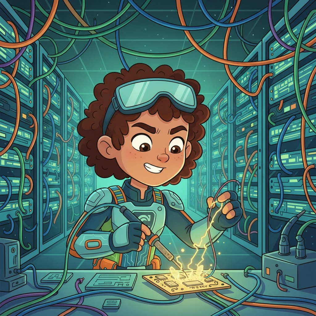Deep within a central server room, glowing circuits and intricate wires weave a complex tapestry. Here, a brilliant young programmer named Dr. Anya smiles, her eyes sparkling with determination. She is meticulously crafting something truly special, a new kind of protector for their digital realm.