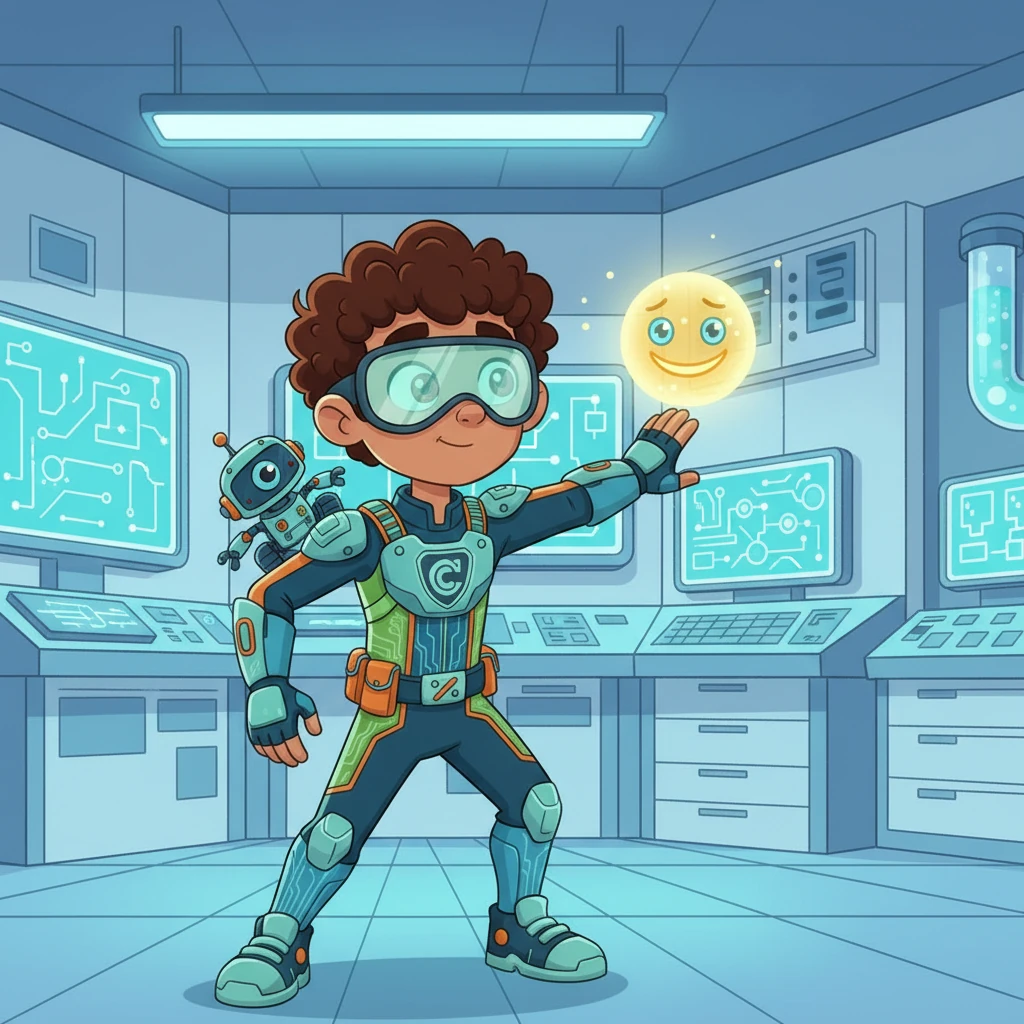 With a final flourish, Dr. Anya activates Cypher. The shimmering sphere lifts gently into the air, growing two friendly, curious eyes and a warm, glowing smile. Cypher looks around, eager to understand its purpose, a tiny beacon of digital hope.