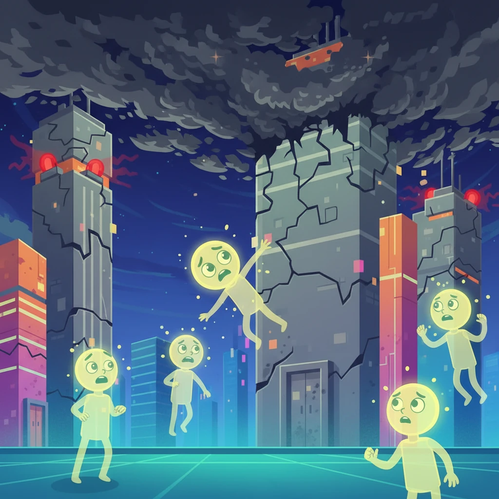 A dark, jagged cloud of pixelated corruption starts to spread across the digital city, turning vibrant colors into dull grey and causing panic among the avatars. This is the notorious "Glitch-Worm," a dangerous cyber threat. Alarms blare throughout the network.