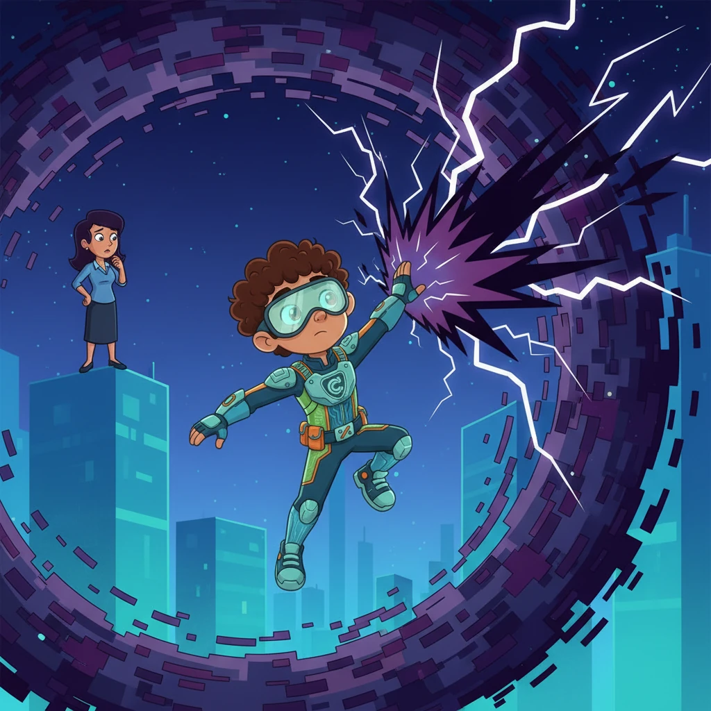 Cypher, still small but brave, zips towards the Glitch-Worm, trying to absorb its harmful code. But the Glitch-Worm is too vast and powerful, pushing Cypher back with a burst of dark energy. Dr. Anya watches, realizing Cypher needs more than just basic programming.