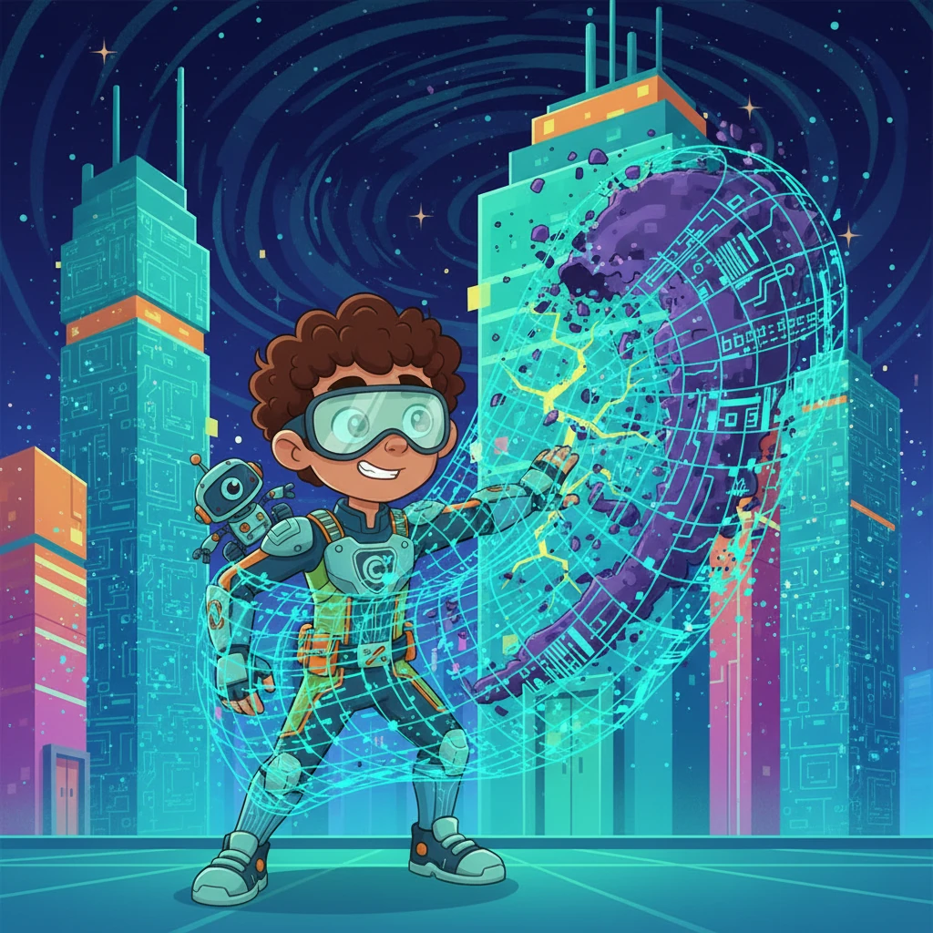 Cypher confronts the Glitch-Worm, not with brute force, but with clever algorithms and counter-programs. It weaves a protective net of code around the threat, slowly disassembling its corrupted data. The Glitch-Worm shrinks, its power fading.