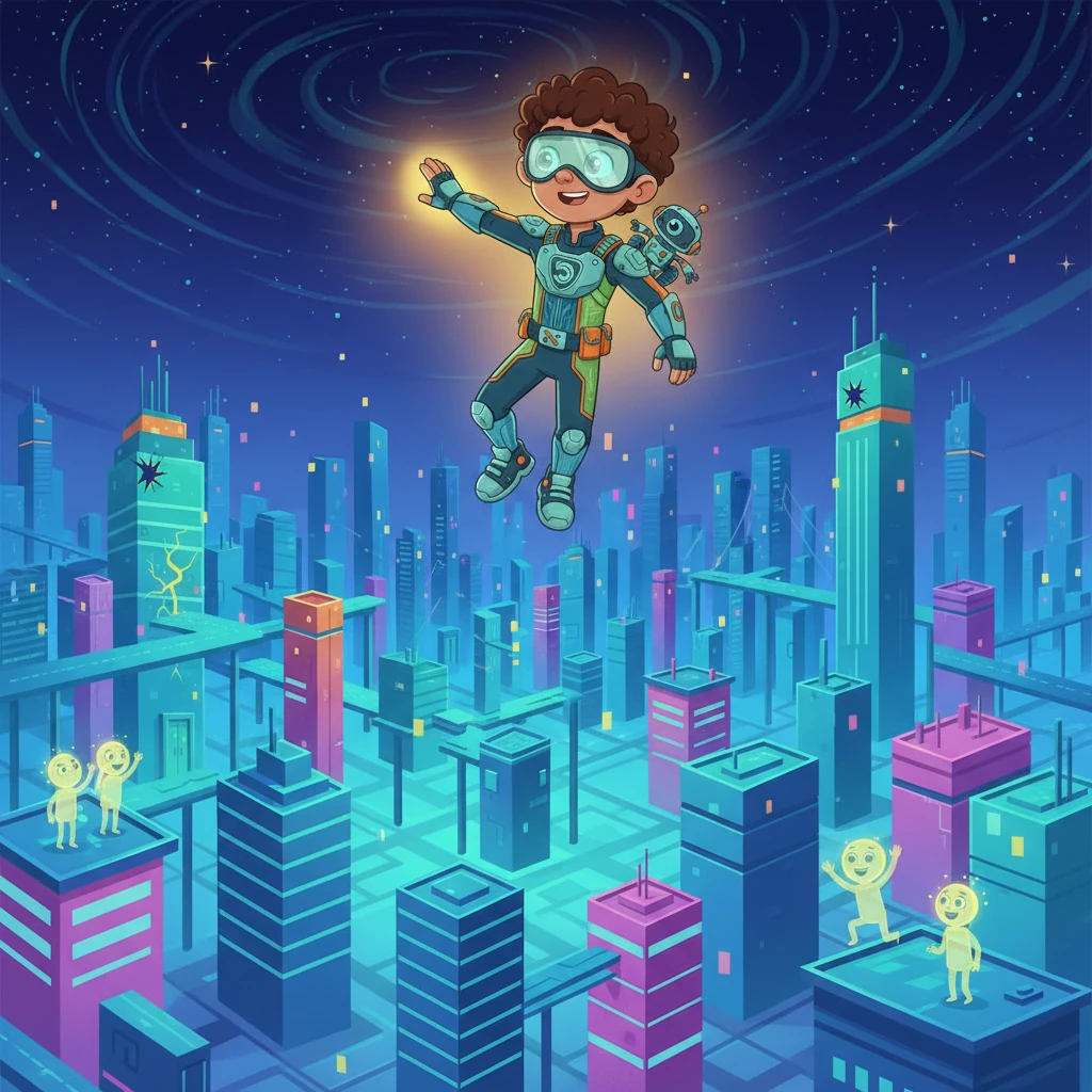 The digital city is restored to its vibrant glory, even brighter than before. Cypher, now a respected guardian, hovers proudly, a symbol of safety and innovation. Dr. Anya beams, knowing her creation has brought peace to their digital world, and Cypher continues to watch over it, ever vigilant.