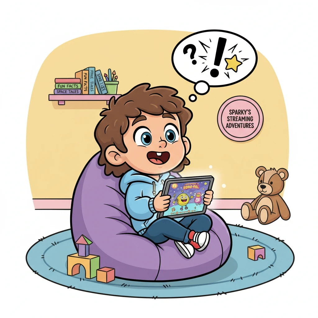 Sparky, a small, energetic character with big, curious eyes, is sitting on a comfy beanbag chair, giggling at a tablet. On the screen, a colorful anim