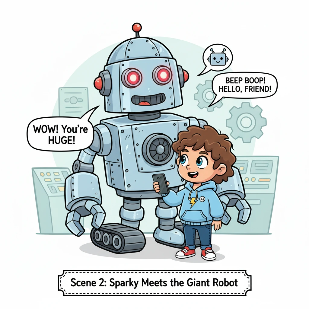 Sparky stands wide-eyed in front of a giant, clunky, silver robot with blinking red eyes, like something from an old sci-fi movie. The robot looks imp