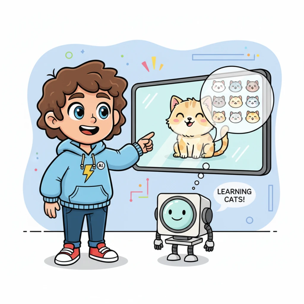 Sparky is happily pointing at a fluffy, cartoon cat on a big, colorful screen. A tiny, friendly computer character, with a smiling screen face, is "le