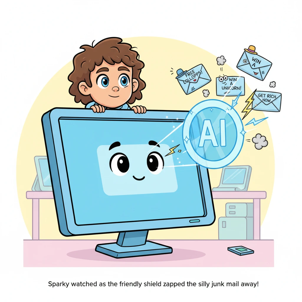 Sparky peeks over a computer monitor, watching as a flurry of cartoon "junk mail" (envelopes with silly, exaggerated spam words like "FREE LOLLIPOPS!"