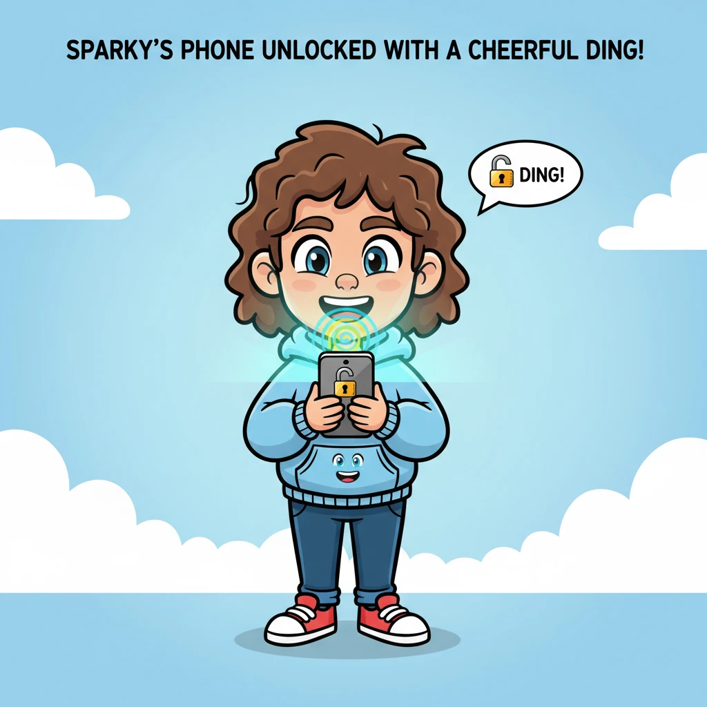 Sparky holds up a smartphone to their face, which has a big, delighted grin. The phone's screen glows with a swirling pattern, then snaps open with a