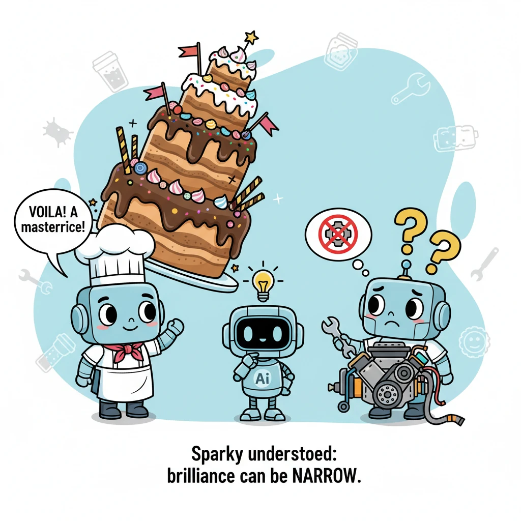 On one side, a chef-hat-wearing AI bakes an enormous, wobbly, multi-layered cake with intricate details, looking very proud. On the other side, a conf