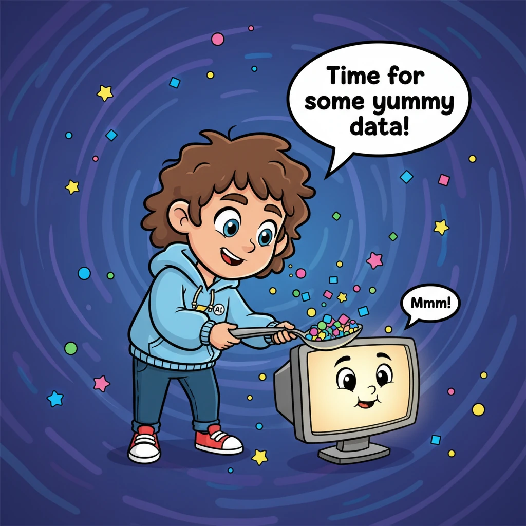 Sparky is surrounded by a vibrant, swirling galaxy of colorful data bits – tiny stars, squares, and circles, all buzzing with energy. Sparky holds a g