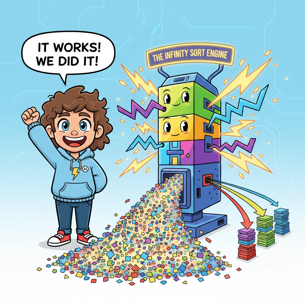 Sparky stands triumphantly next to a super-powered, friendly computer, depicted as a tower of brightly colored, glowing blocks. Sparks and energetic l