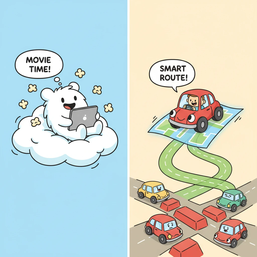 On one side, Sparky is lounging on a cloud, happily watching a movie on a tablet, surrounded by floating popcorn. On the other, a small, cheerful car