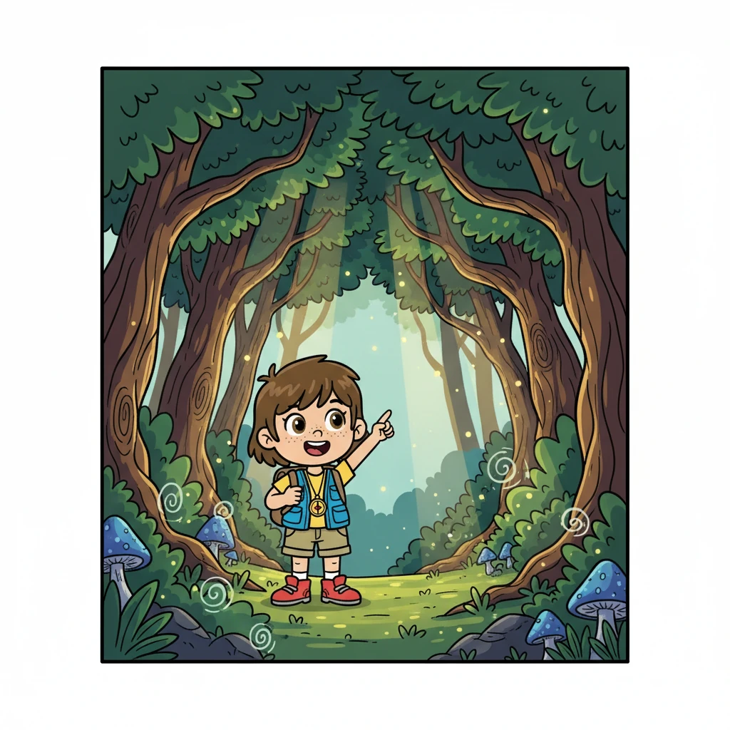 Akhirnya, mereka tiba di pintu masuk Hutan Ajaib. Pohon-pohon raksasa menjulang tinggi, dan cahaya matahari menembus dedaunan, menciptakan suasana yang magis.