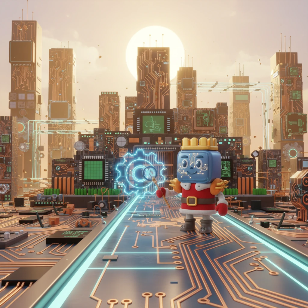 The majestic Kingdom of Siliconia shimmered under a digital sun, its towering circuits and gleaming data highways forming an intricate landscape. At its heart stood the grand palace of King CPU, a marvel of processing power and logical design. Every component, from the smallest transistor to the widest bus, worked in perfect harmony, orchestrated by unseen forces.