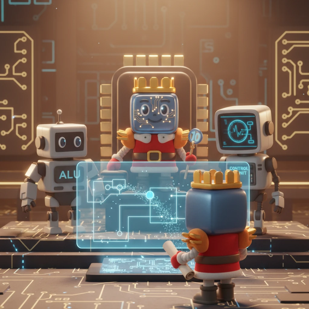 With his blueprint complete, Archie presented his design to King CPU and his royal advisors, the mighty ALU (Arithmetic Logic Unit) and the watchful Control Unit. A small data packet was sent on a test run through a simulated version of Archie's new pathways, its journey visualized as a glowing stream.